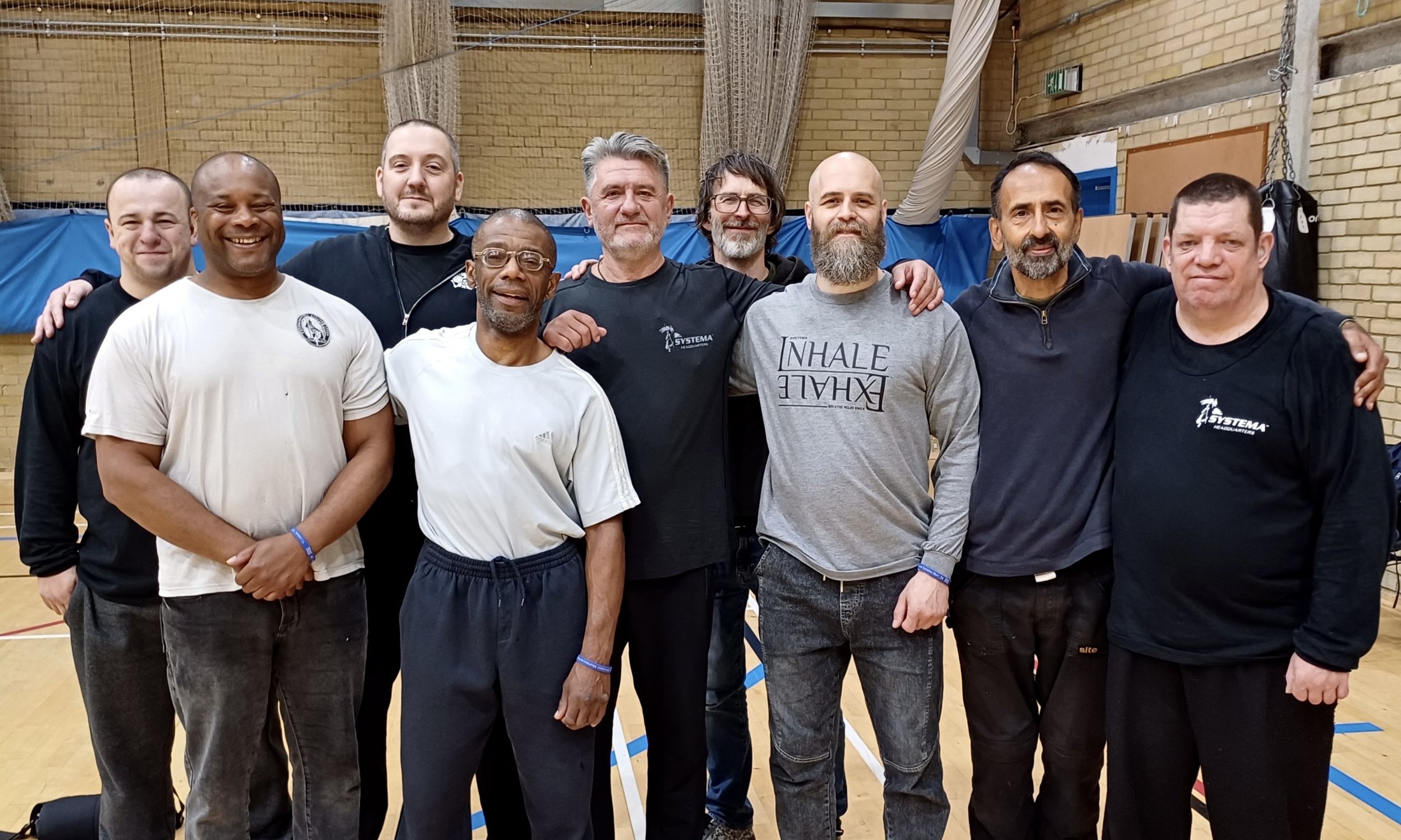East Anglia Systema class in action, two pairs training in an indoor hall.
